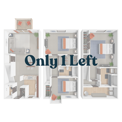 Floor plan for 3 beds, 2.5 baths, 558 sqft
